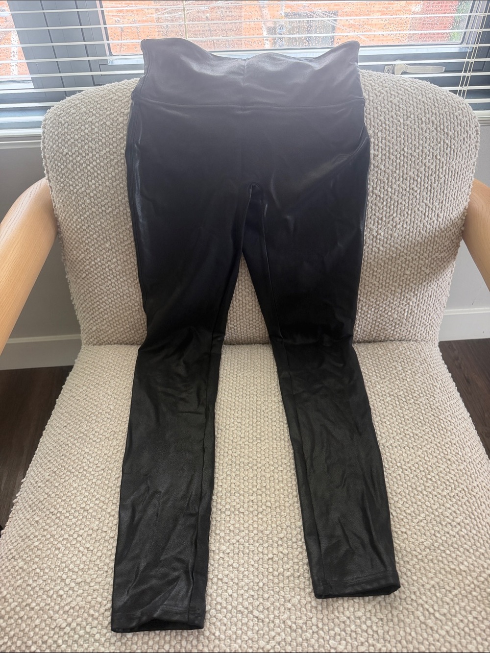 SPANX Black Faux-Leather Leggings with Red Tag